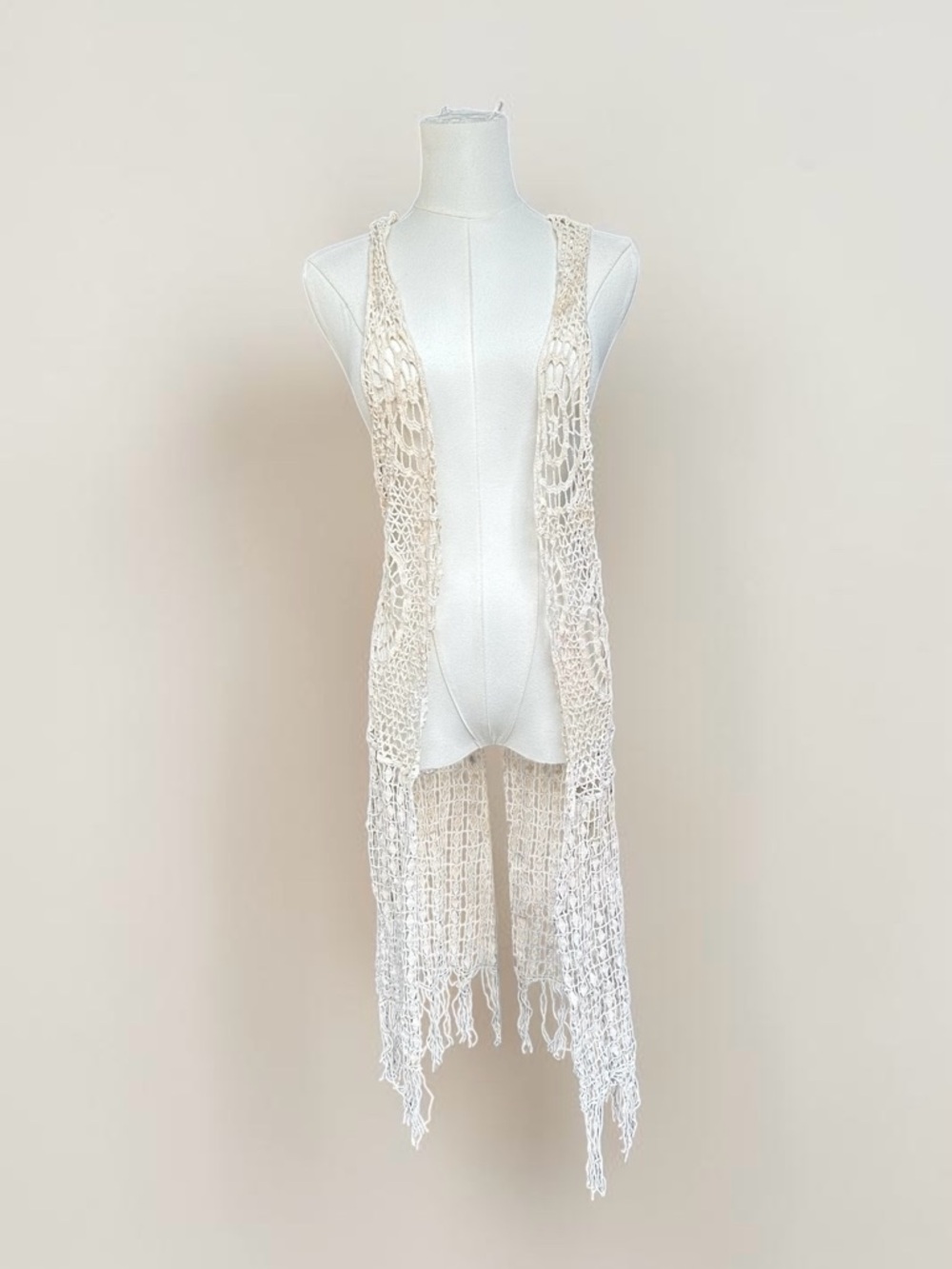 Crochet Open Front Fringe Vest in Ivory